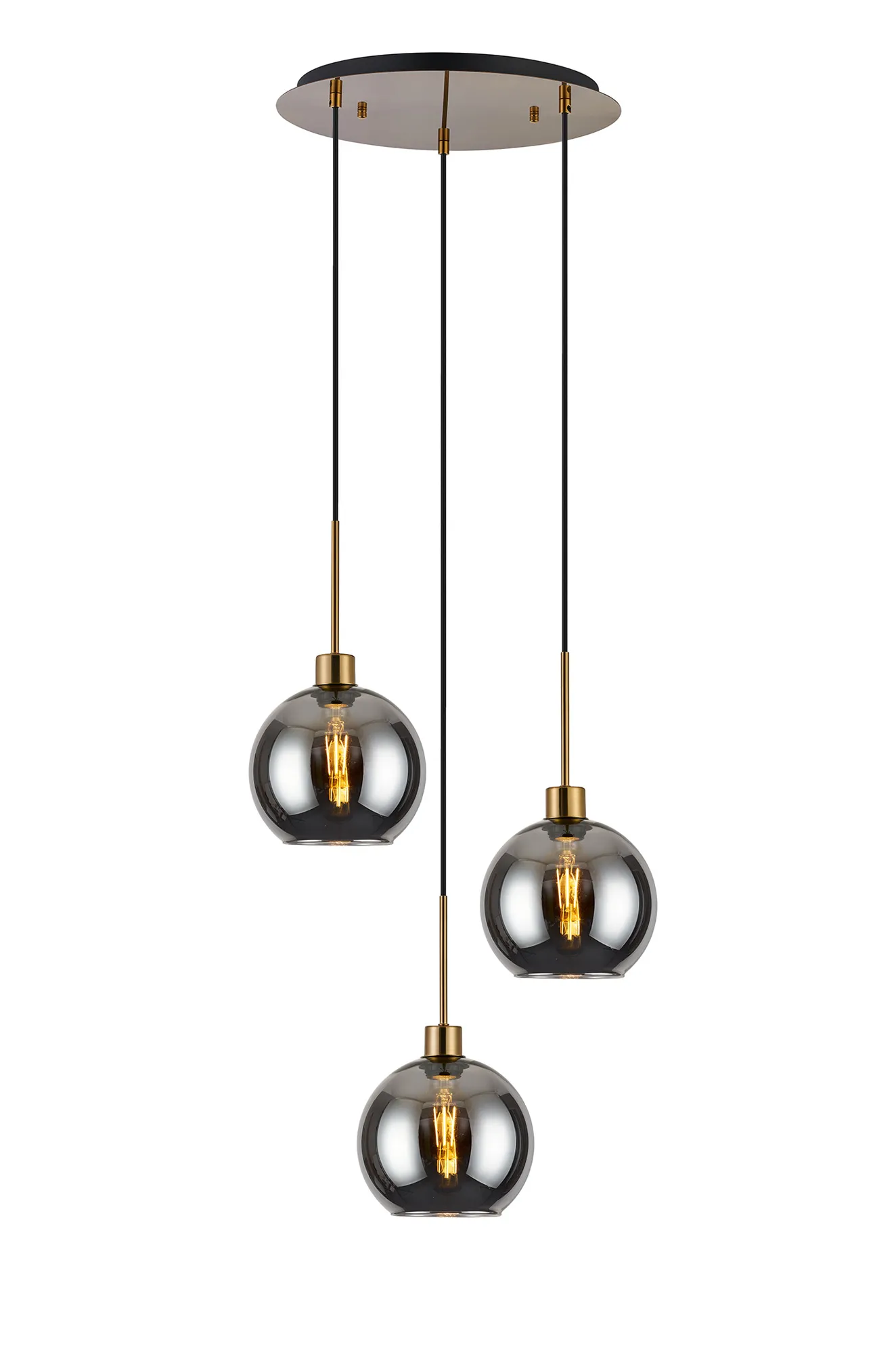 DK1181  Lori cm Round Pendant, 3 Light Adjustable E27, Antique Gold/Smoke Open Mouth Round Globe Shades